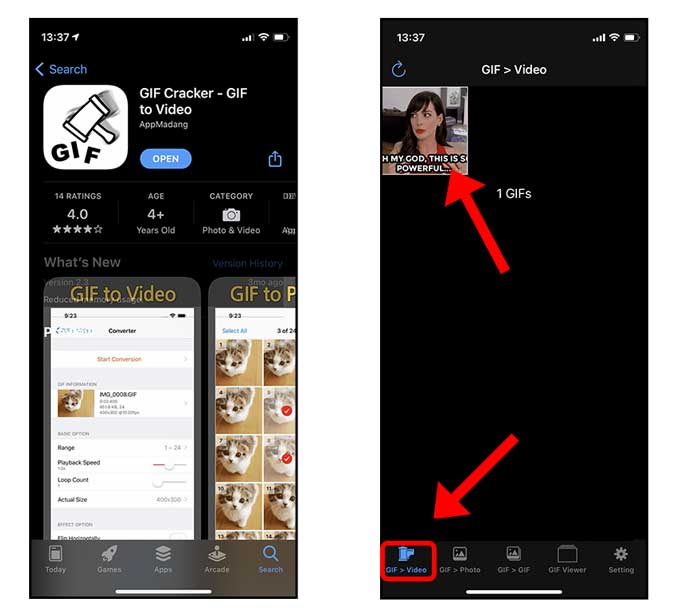 Instale GIF Cracker en iPhone y seleccione un GIF