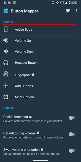 Opción de borde activo en el botón Mapper en el dispositivo Pixel 4