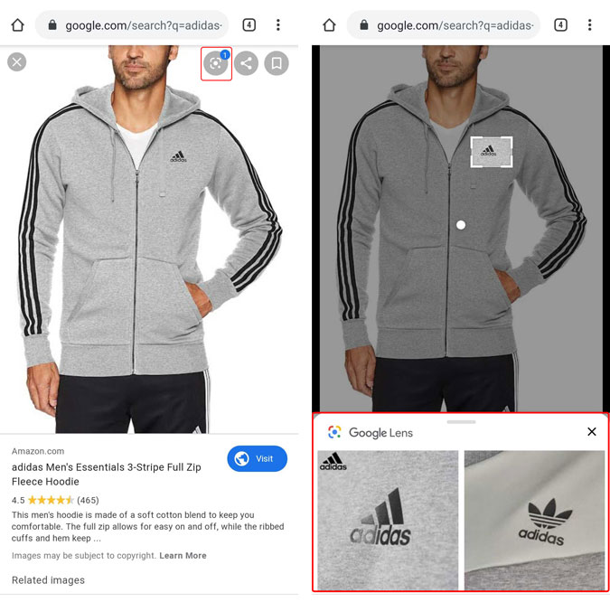 Camiseta adidas en Google Chrome identificada por Google Lens