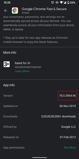 Número de versión de Google Chrome en Play Store