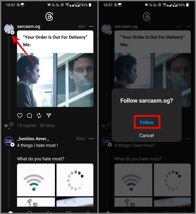 Sigue a alguien en los hilos tocando en la foto de perfil