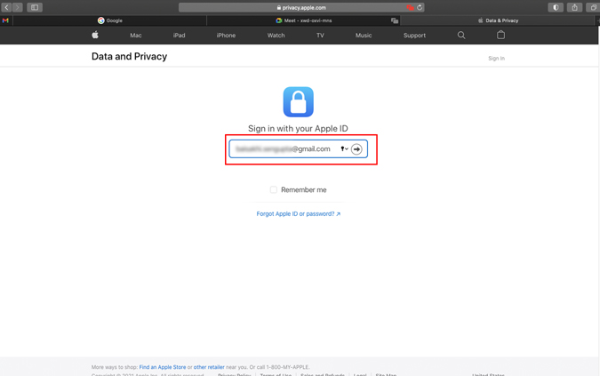 Los datos y la página de privacidad de Apple inician sesión