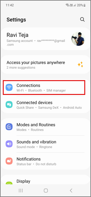 Conexiones en la configuración en dispositivos Samsung Galaxy