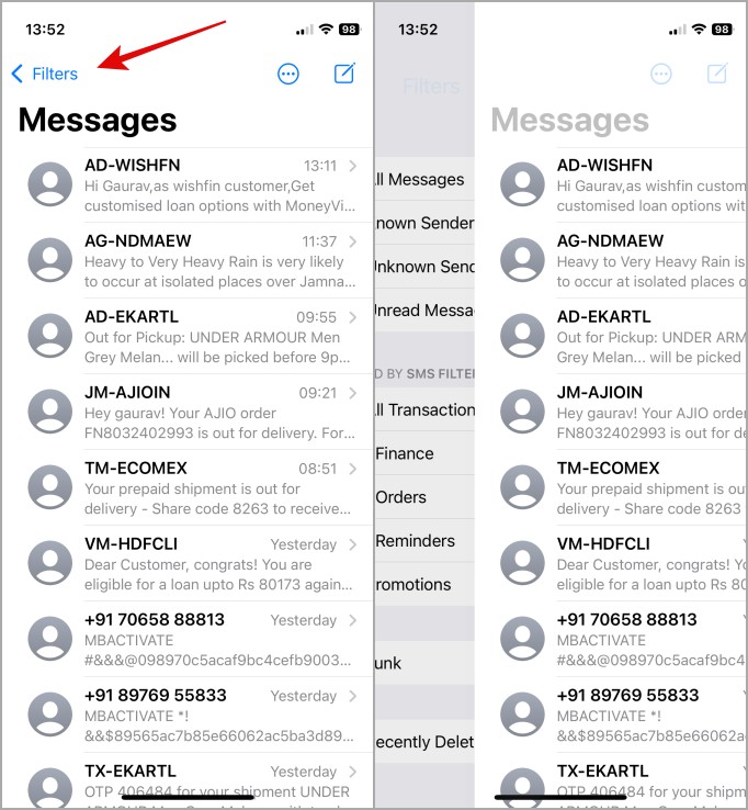 Filtros en la aplicación Mensajes en iPhone