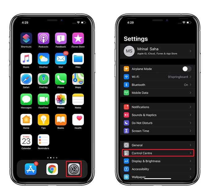página de configuración en el iPhone para cambiar los elementos del centro de control