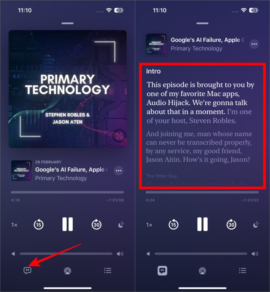 Icono de letras en Apple podcast y transcripción