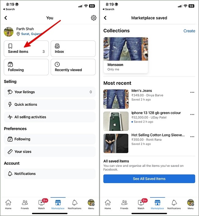 Encuentre artículos guardados en el mercado de Facebook