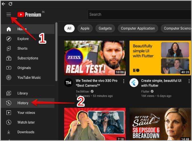 Apertura de la historia en el escritorio de YouTube