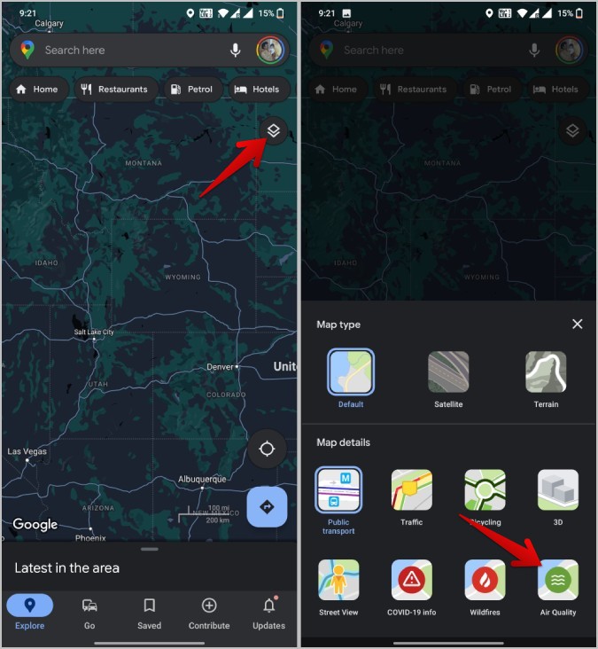 Opción de calidad del aire en Google Maps