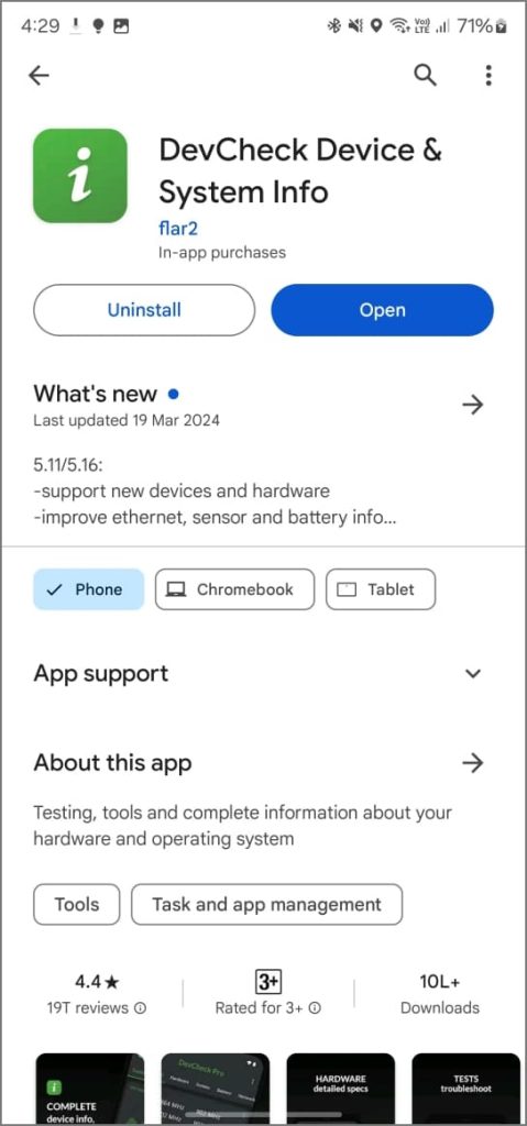 Aplicación Devcheck en Android