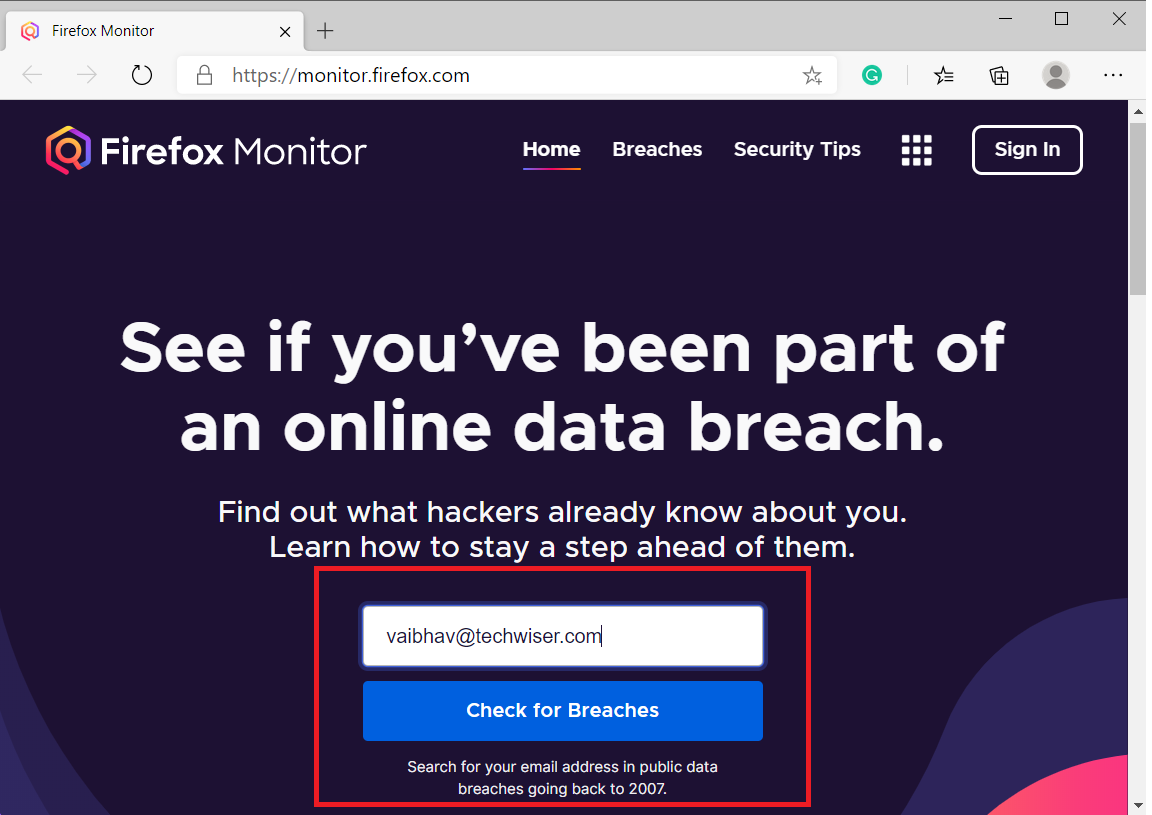 Ingrese la identificación de correo electrónico en el monitor de Firefox y verifique las violaciones