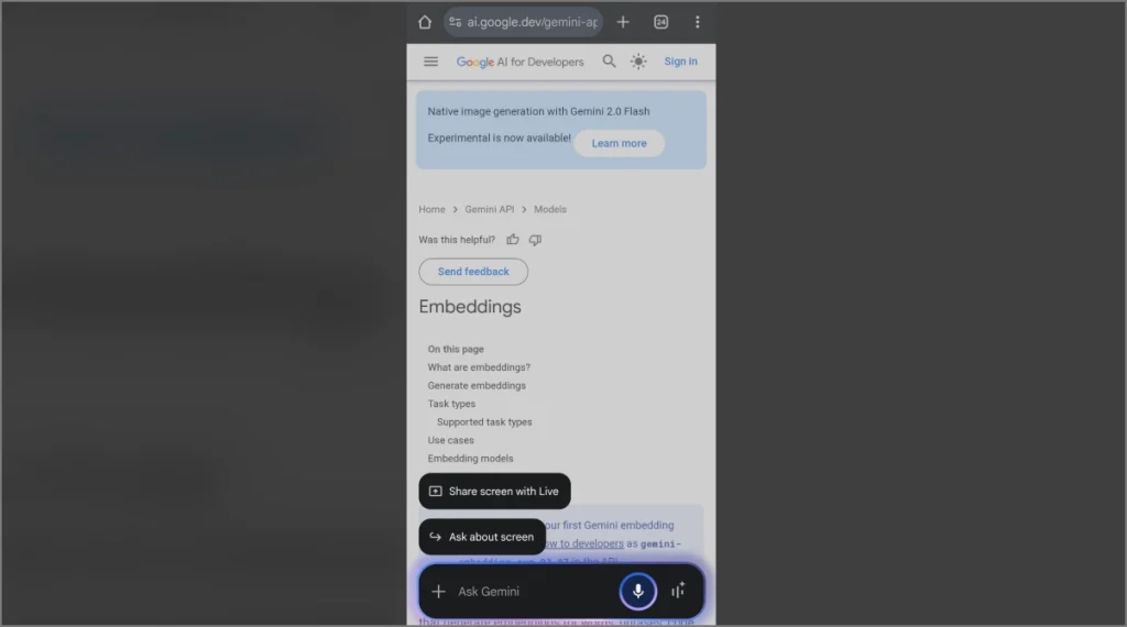 Compartir pantalla con función en vivo en Google Gemini en Android