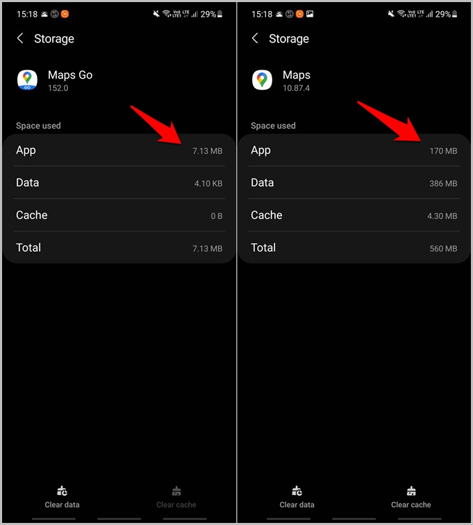 Google Maps vs Google Maps Go Storage Space