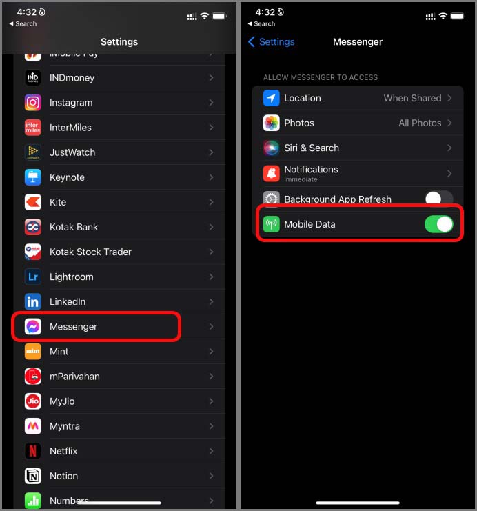 Habilitar datos móviles para Messenger