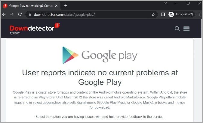 Verifique el estado del servidor de Play Store en Downetector