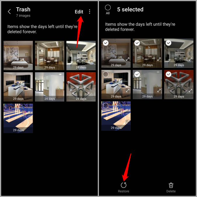 Restaurar múltiples fotos eliminadas de la aplicación Gallery en el teléfono Samsung Galaxy