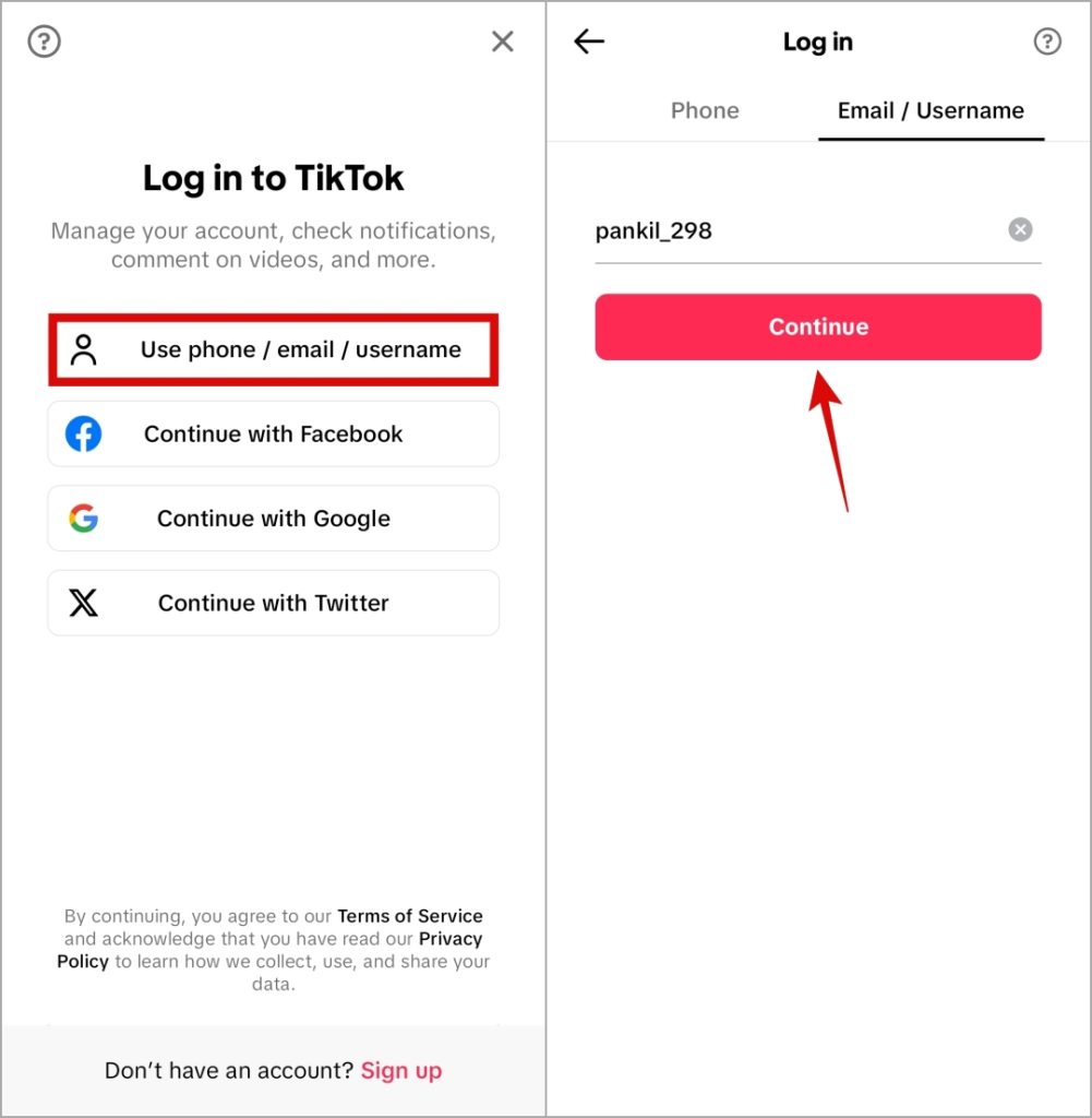 Tiktok Página de inicio de sesión en el teléfono