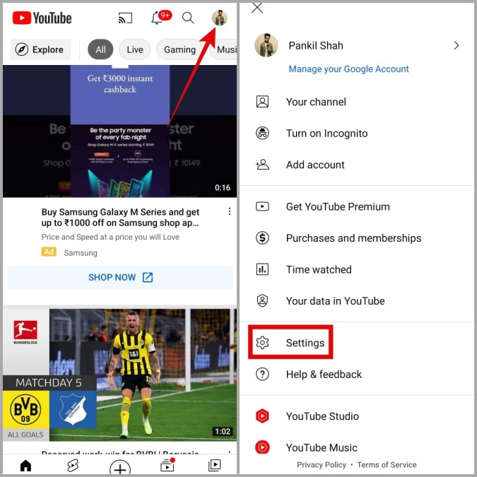 Abra la configuración de la aplicación de YouTube