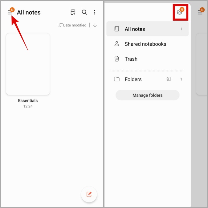 Menú de configuración de la aplicación Samsung Notes en el teléfono Galaxy