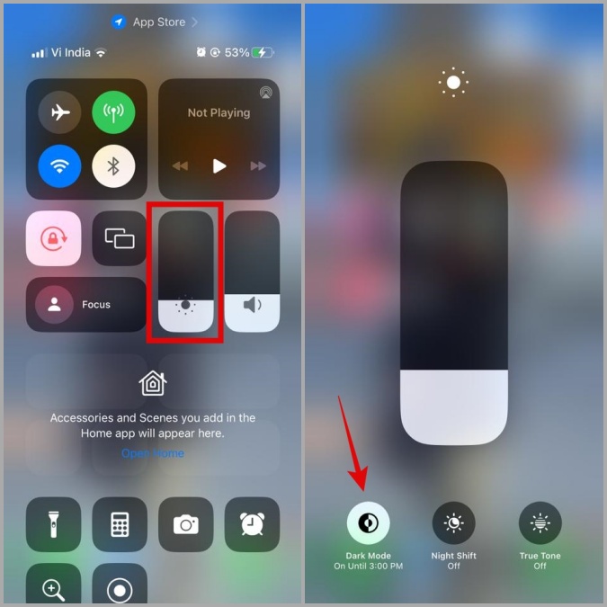 Desactivar el modo oscuro a través del centro de control en iPhone
