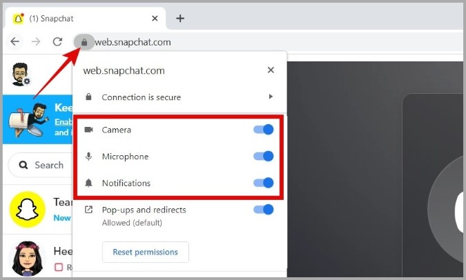 Permisos del sitio web de Snapchat en Chrome