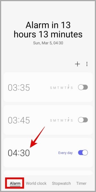 Alarmas en la aplicación del reloj en el teléfono Samsung