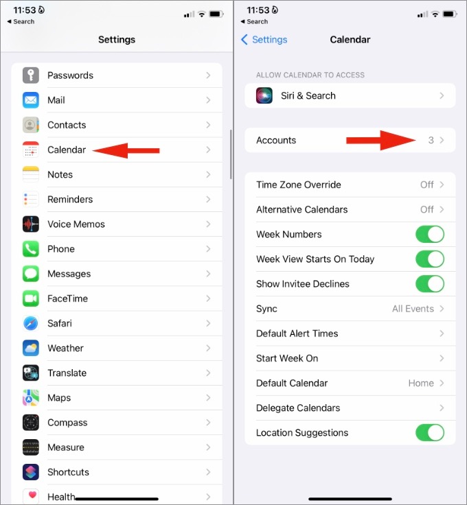 Abrir el menú de cuentas en la configuración del iPhone