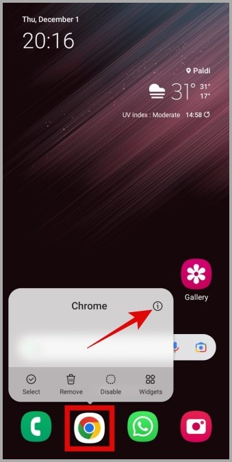 Abra la información de la aplicación Google Chrome en Android