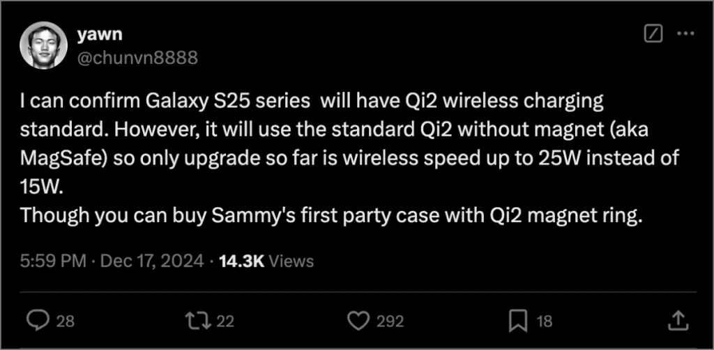 Galaxy S25 Serie QI2 Wireless Charging Fug en Twitter