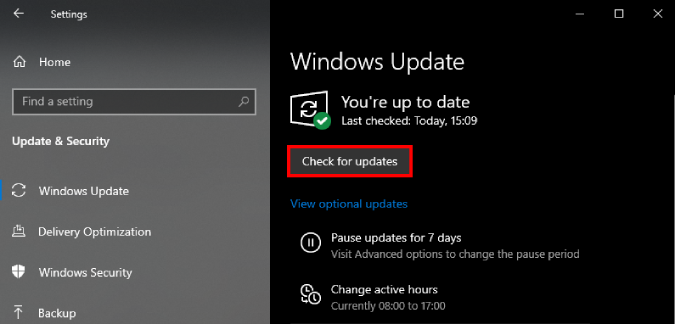 Verifique el botón de actualización en el menú de actualización de Windows