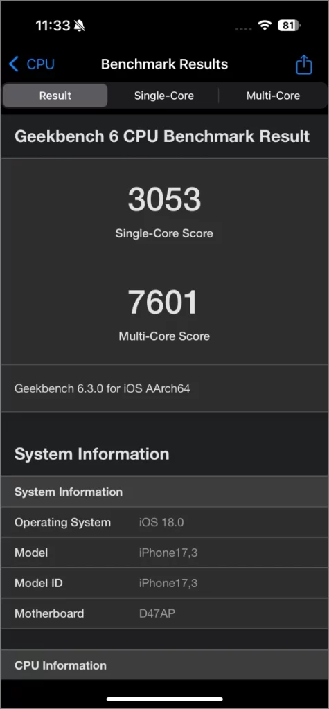 Geekbench 6 CPU - iPhone 16