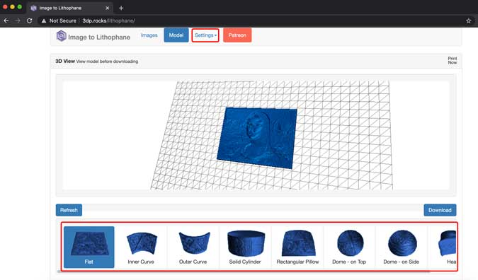 Página de configuración para seleccionar un modelo para lithophane