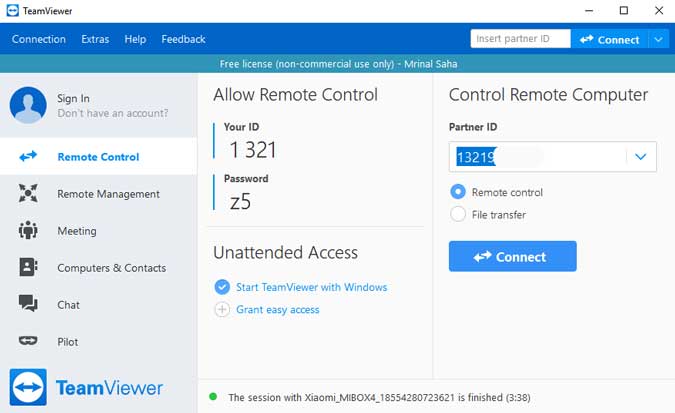 TeamViewer en la computadora lista para establecer la conexión