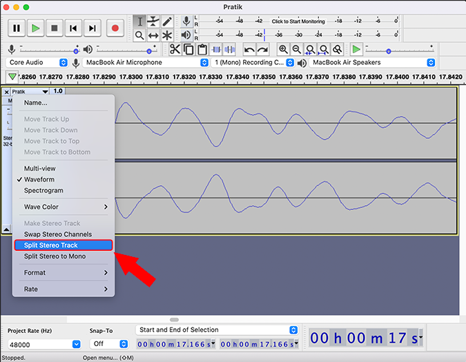 Split Stereo Track en Audacity