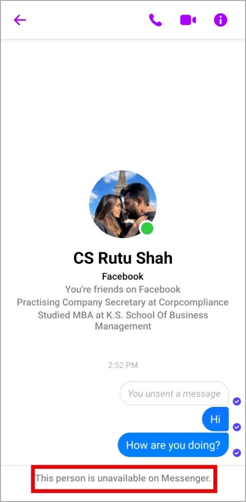 Persona que no está disponible en Messenger