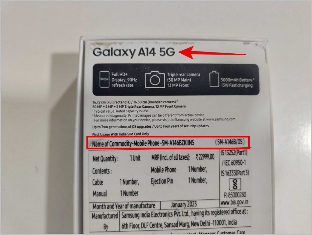 Número de modelo en la parte posterior de la caja telefónica de Android