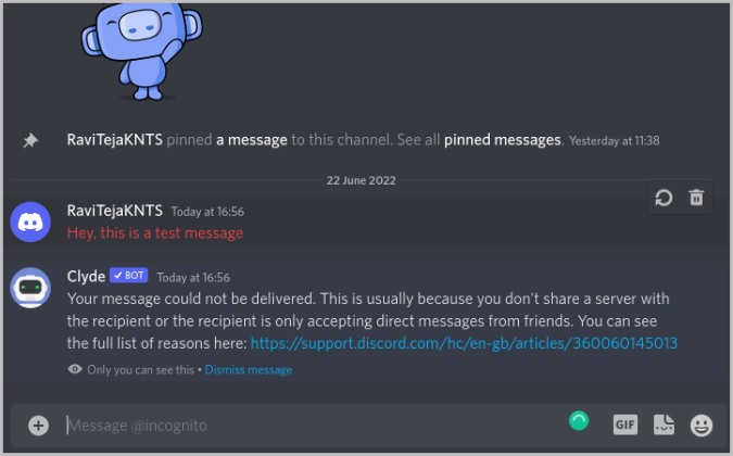 Respuesta de Clyde Bot para mensajes bloqueados