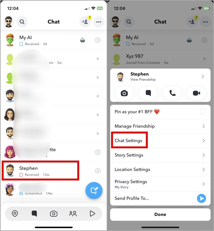 Configuración de chat de perfil de Snapchat